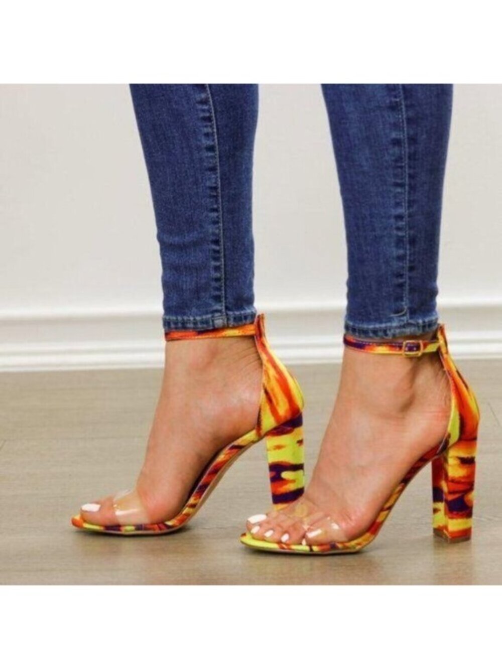 Ankle Strap Chunky Heeled Sandals, Clear Toe Band - Picture 3 of 9